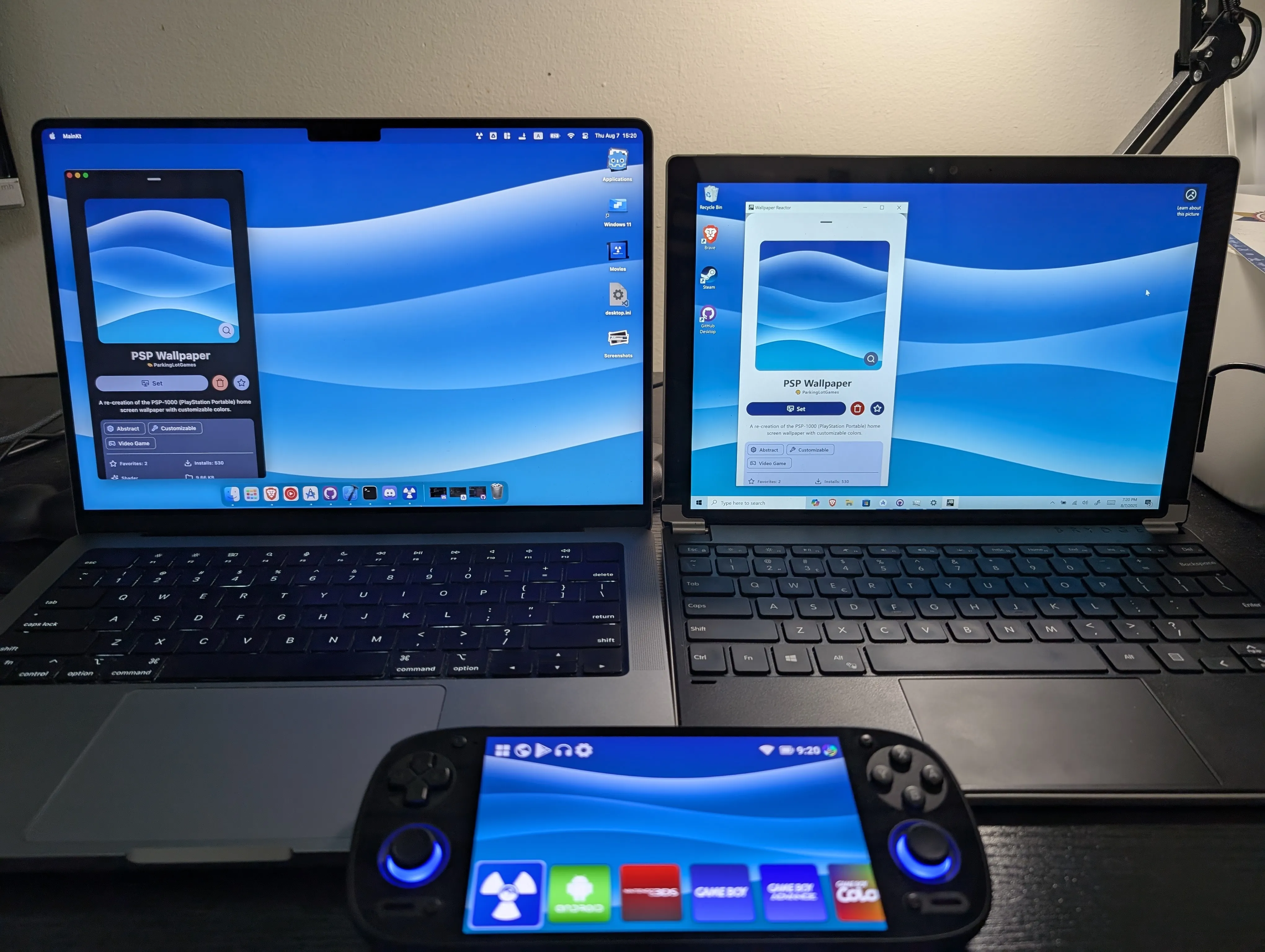 The same wallpaper running at the same time on a MacBook, a Windows laptop and an Android handheld.