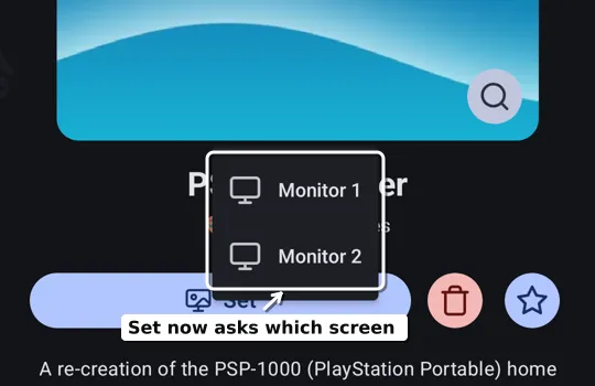After tapping Set, a menu offers Monitor 1 and Monitor 2.