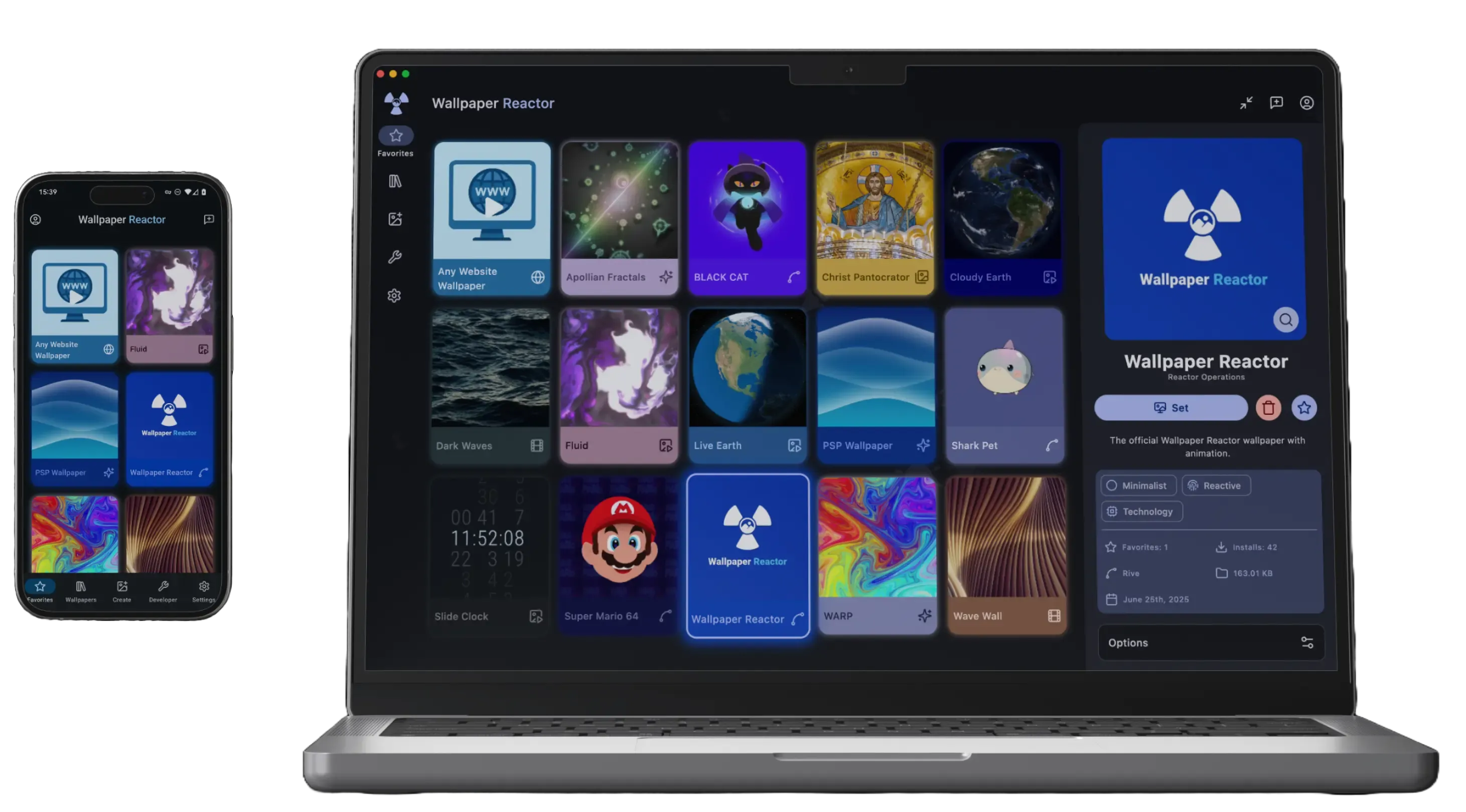 Wallpaper Reactor open on a MacBook and on a phone, showing the same wallpaper library on both devices.