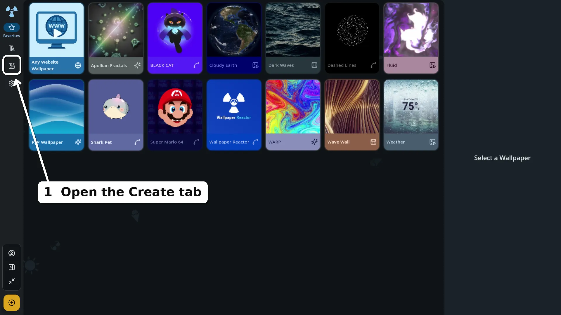 Wallpaper Reactor's wallpaper library, with the Create tab highlighted in the left sidebar.