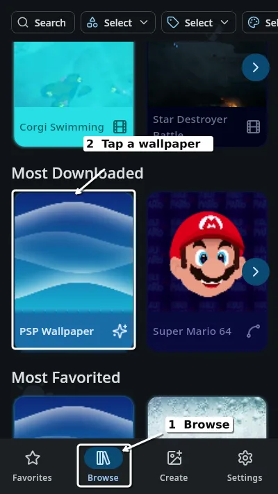 The Browse tab on a phone, with the bottom-bar Browse button and a wallpaper card highlighted.