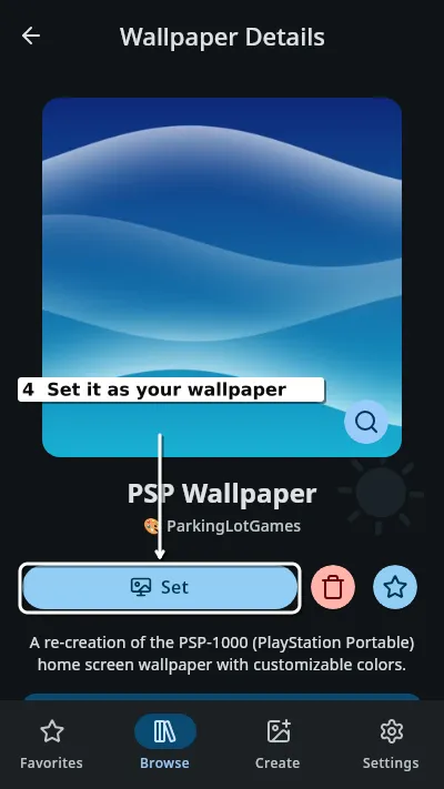 The same detail screen after downloading, with the Set button highlighted.