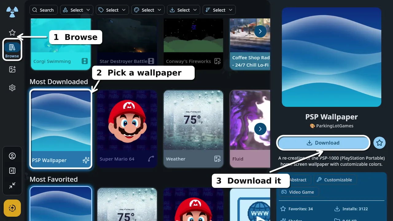 Wallpaper Reactor's Browse tab with the sidebar Browse icon, a wallpaper card, and the Download button highlighted.