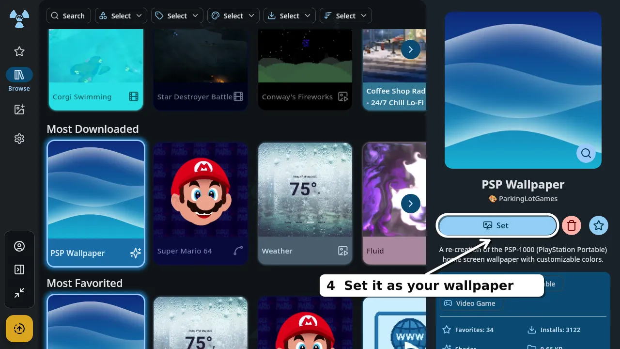 The same wallpaper after downloading, with the Set button highlighted in the details panel.