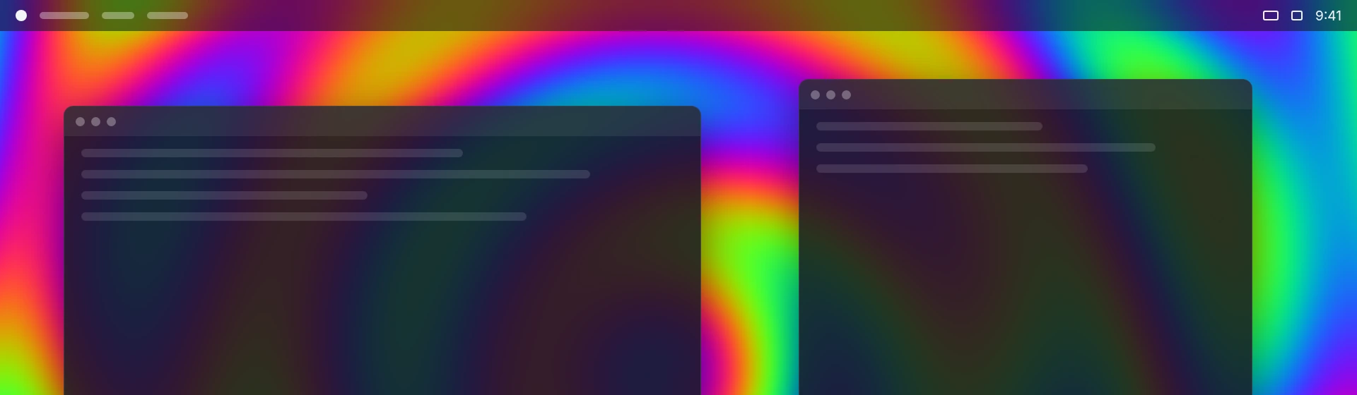 The top of a laptop desktop: a slim status bar and two window edges over a bright, swirling rainbow plasma wallpaper.